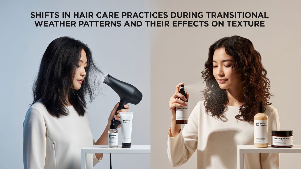 Collection of hair care products including serums and conditioners arranged for use across changing seasonal humidity levels